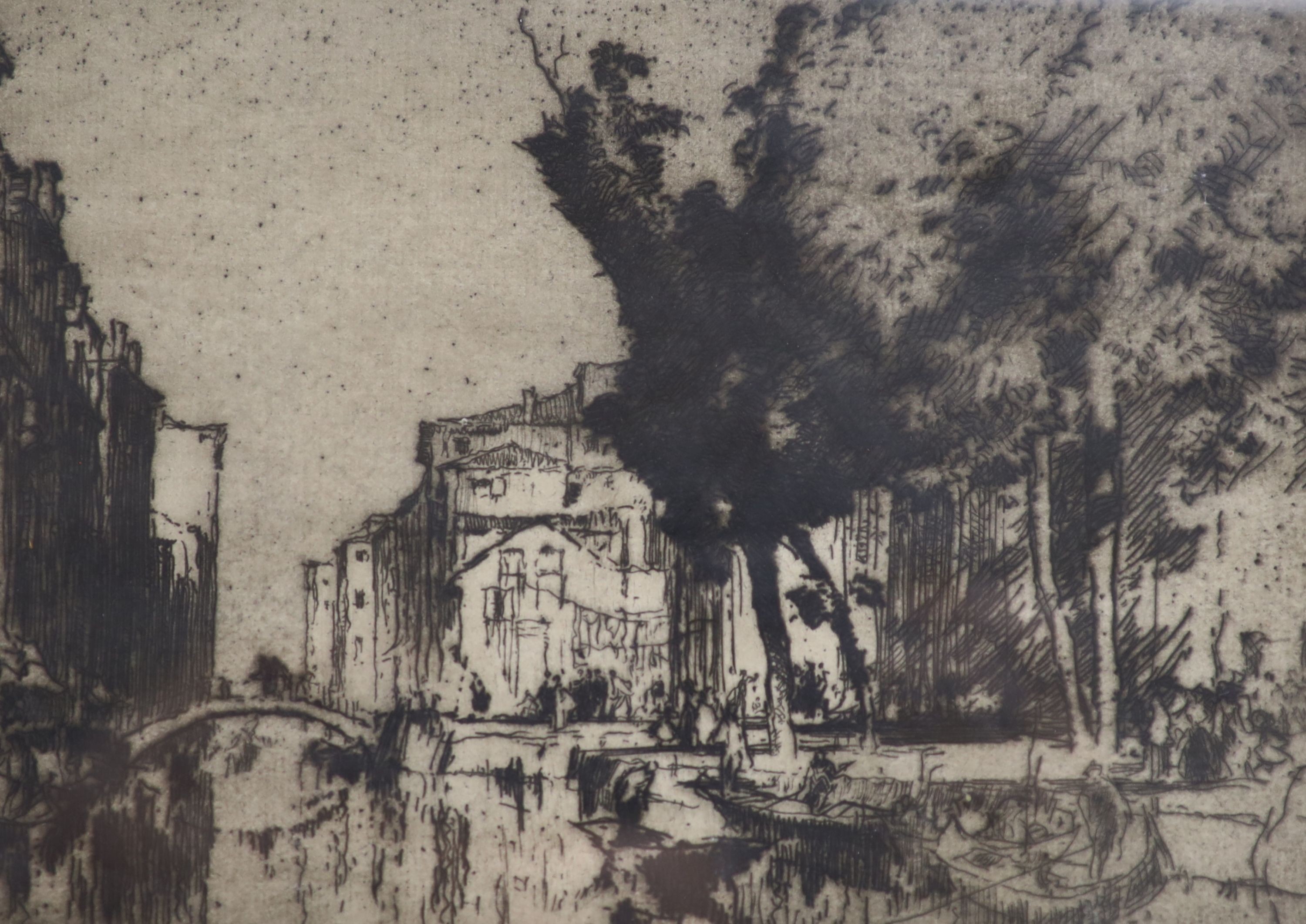 Frank Brangwyn (1867-1956) - drypoint etching, ‘’Town canal with bridge’’, signed in pencil, 16 x 23cm. and A. Eckener - an engraving of a figure ploughing, signed in pencil, 40 x 58cm. (2)